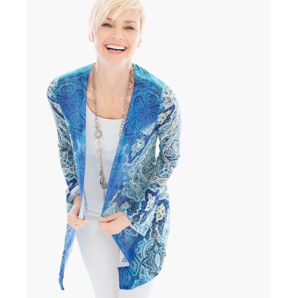 Chico's Renee Dip-Dyed Cardigan Womens L Blue Open Front Hippie Boho Cottagecore